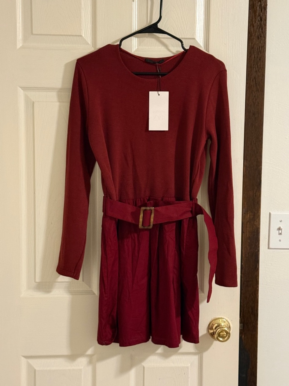 Zara Burgundy Long-Sleeve Belted Dress - Picture 3 of 7